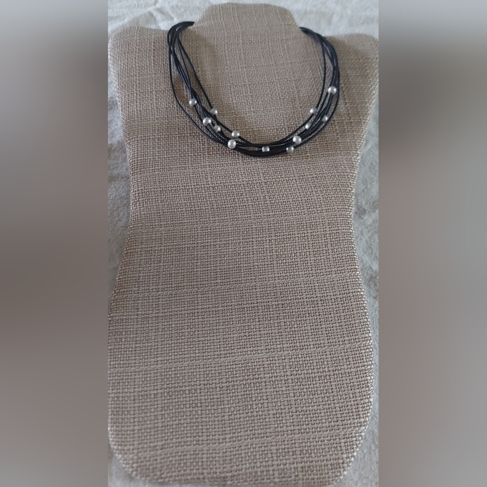New Handmade Silver Pearl & 6 Strand Black Leather Necklace
